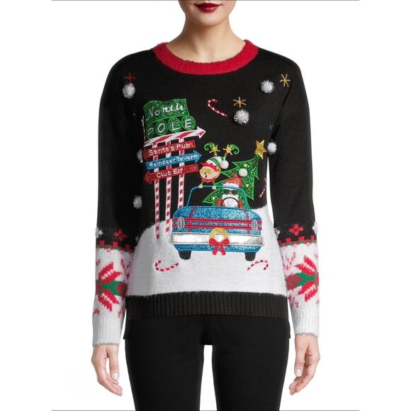 Holiday Time Womens XL Black Ugly Christmas Sweater Santa's Pub Elf Club Festive - Picture 1 of 11